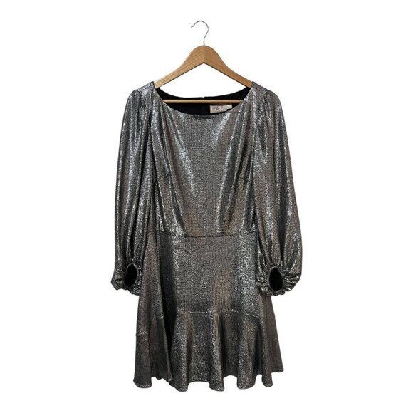 Eliza J Silver Metallic Dress Puff Sleeves Jersey Cocktail Plus Size 14 - Picture 3 of 7